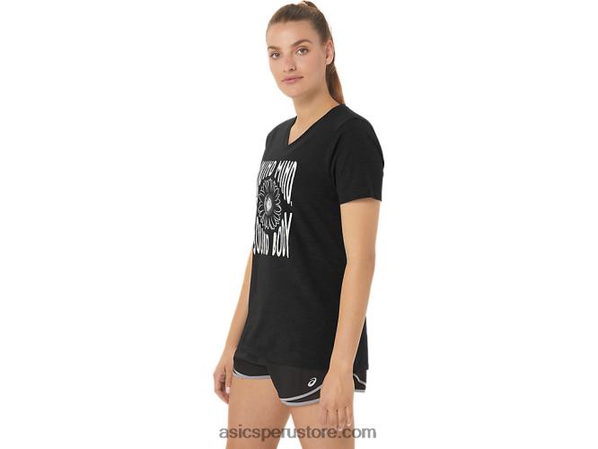 RPVB2191 rendimiento negro Asics camiseta de mujer con cuello de pico y eslogan de girasoles