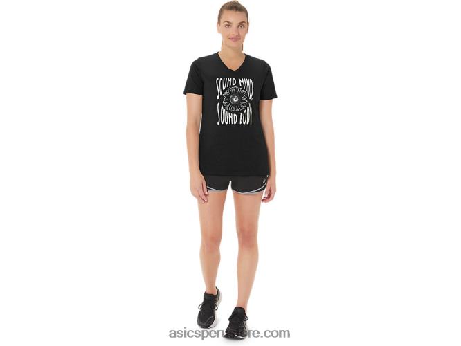 RPVB2191 rendimiento negro Asics camiseta de mujer con cuello de pico y eslogan de girasoles