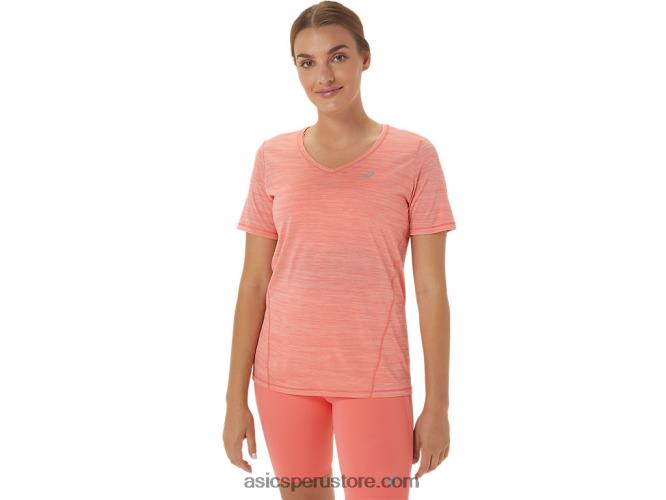 RPVB2295 papaya/guayaba Asics top de manga corta con cuello en v de carrera para mujer