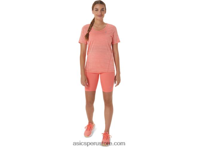 RPVB2295 papaya/guayaba Asics top de manga corta con cuello en v de carrera para mujer