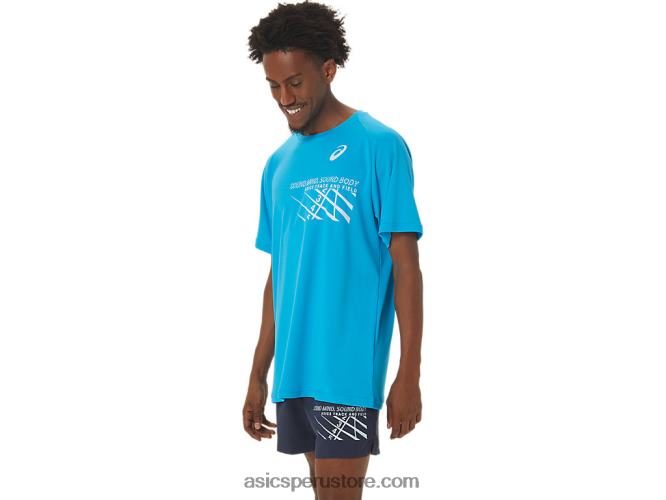 RPVB237 isla azul Asics top de manga corta con gráfico de línea de meta para hombre