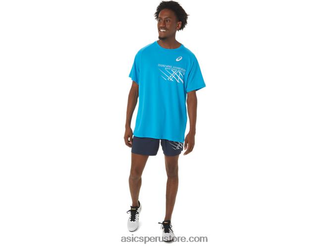 RPVB237 isla azul Asics top de manga corta con gráfico de línea de meta para hombre