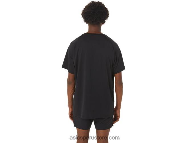 RPVB249 rendimiento negro Asics top de manga corta con gráfico de línea de meta para hombre