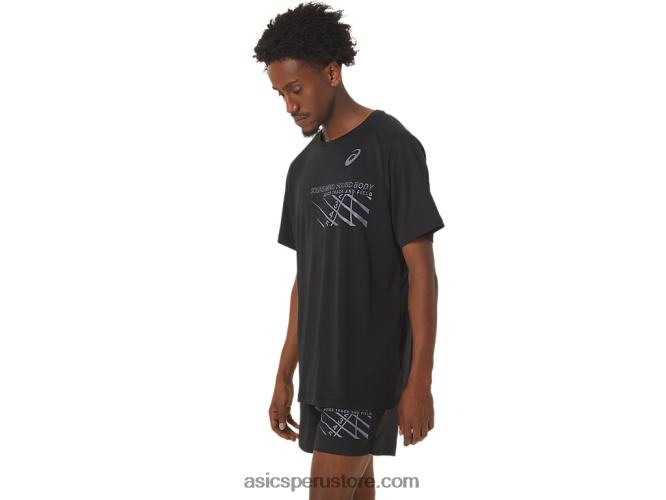 RPVB249 rendimiento negro Asics top de manga corta con gráfico de línea de meta para hombre