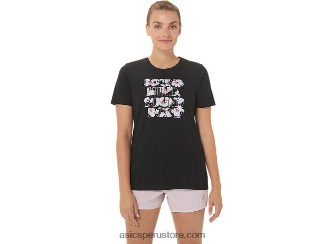 RPVB2751 rendimiento negro Asics camiseta de mujer con eslogan de hibisco