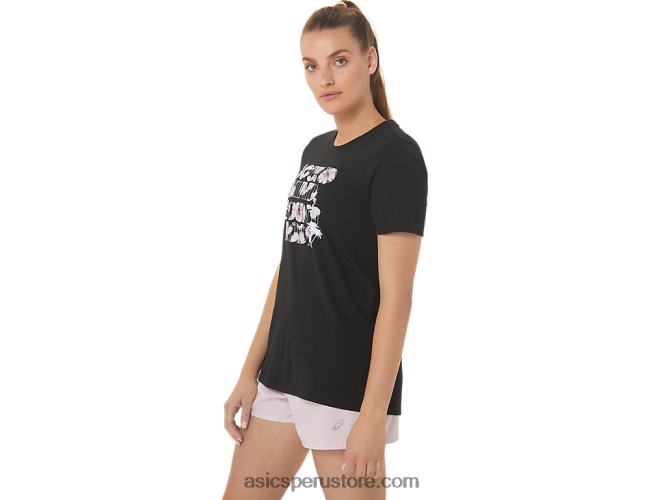 RPVB2751 rendimiento negro Asics camiseta de mujer con eslogan de hibisco