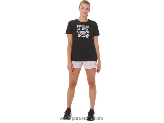 RPVB2751 rendimiento negro Asics camiseta de mujer con eslogan de hibisco