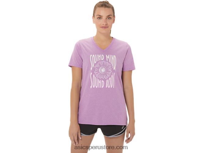 RPVB2778 brezo orquídea Asics camiseta de mujer con cuello de pico y eslogan de girasoles