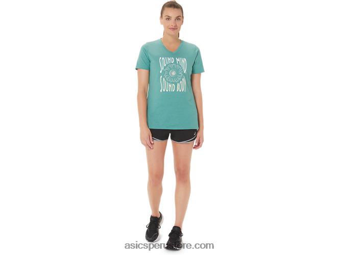 RPVB2814 brezo sabio Asics camiseta de mujer con cuello de pico y eslogan de girasoles
