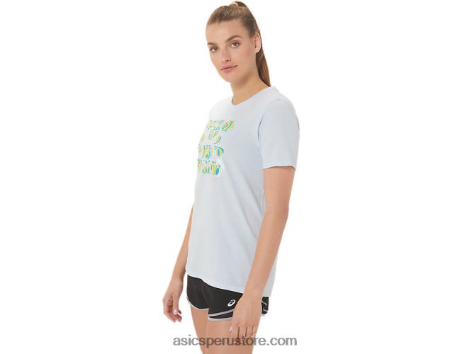 RPVB3063 cielo suave Asics camiseta de mujer con eslogan de hibisco