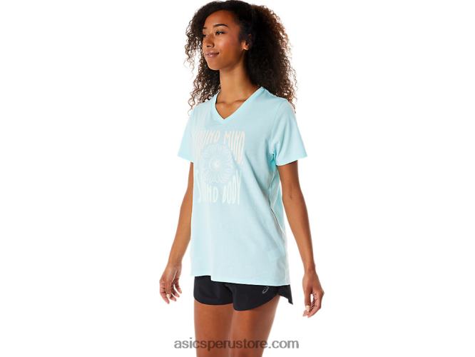 RPVB3144 azul claro Asics camiseta de mujer con cuello de pico y eslogan de girasoles