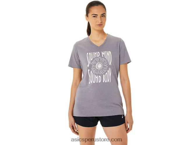 RPVB3201 lavanda gris brezo Asics camiseta de mujer con cuello de pico y eslogan de girasoles