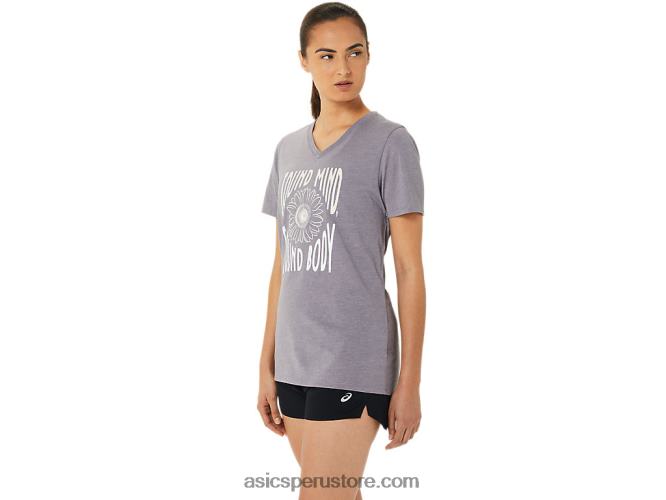 RPVB3201 lavanda gris brezo Asics camiseta de mujer con cuello de pico y eslogan de girasoles