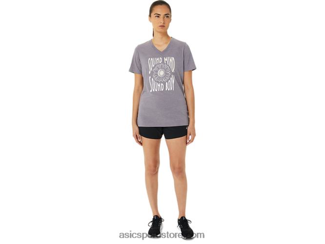 RPVB3201 lavanda gris brezo Asics camiseta de mujer con cuello de pico y eslogan de girasoles