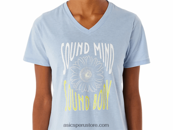 RPVB3322 brezo de niebla Asics camiseta de mujer con cuello de pico y eslogan de girasoles