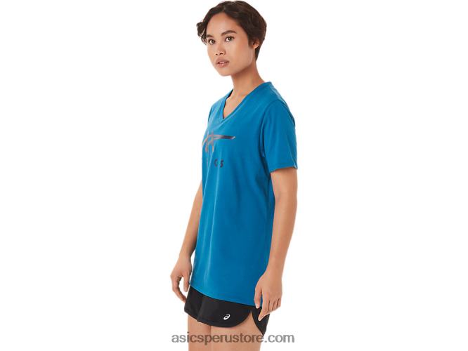 RPVB3420 azul renacido Asics rayas de mujer con cuello en v