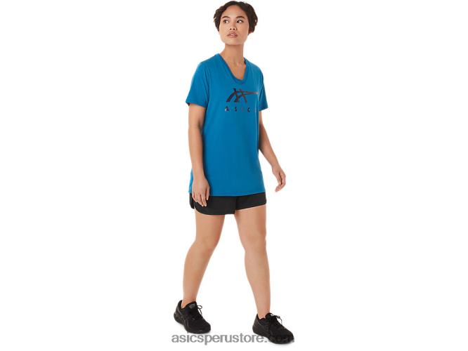 RPVB3420 azul renacido Asics rayas de mujer con cuello en v