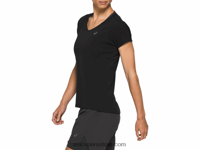 RPVB4183 rendimiento negro Asics top de manga corta con cuello en v para mujer