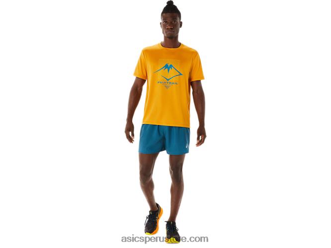 RPVB479 tinta verde azulado/amarillo dorado Asics pantalón corto con logo fujitrail para hombre