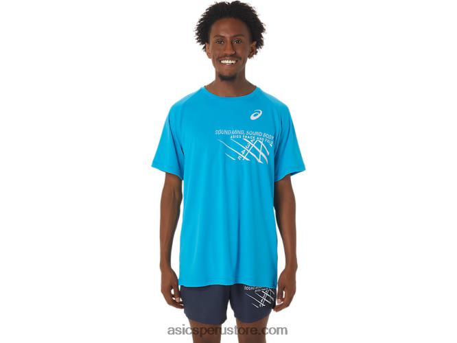 RPVB237 isla azul Asics top de manga corta con gráfico de línea de meta para hombre