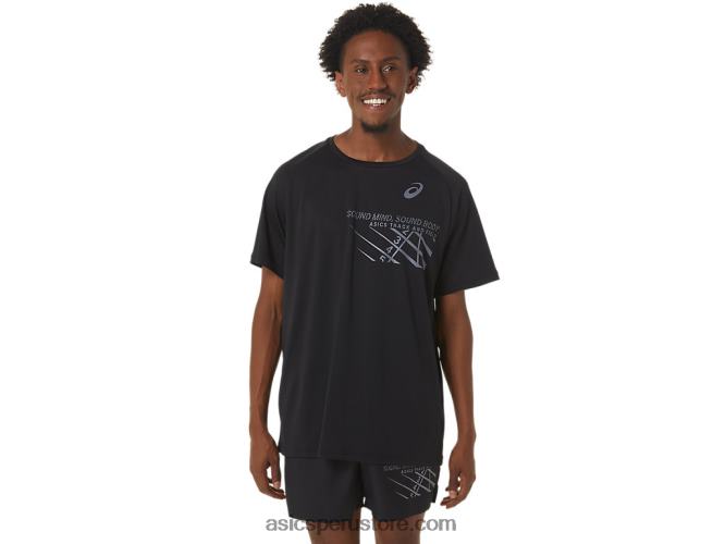 RPVB249 rendimiento negro Asics top de manga corta con gráfico de línea de meta para hombre