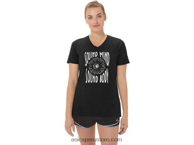 RPVB2191 rendimiento negro Asics camiseta de mujer con cuello de pico y eslogan de girasoles