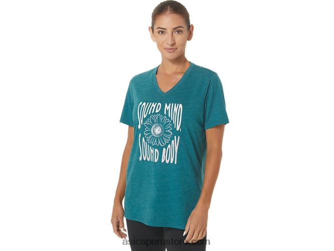 RPVB2812 brezo de pino de terciopelo Asics camiseta de mujer con cuello de pico y eslogan de girasoles