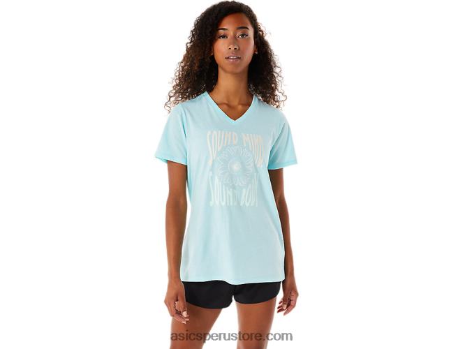 RPVB3144 azul claro Asics camiseta de mujer con cuello de pico y eslogan de girasoles